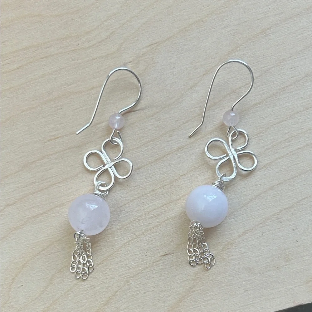 Elegant Silver and Pink rose quartz Dangle Earrings with chain tassel